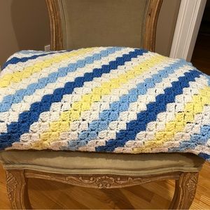 Crotched Afghan Blanket - Blue, Yellow and White Blanket ,Throw, Afghan -